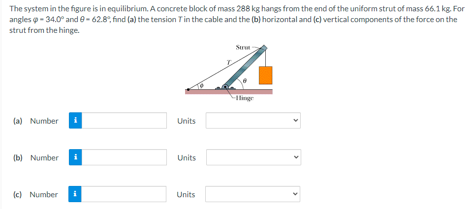 The system in the figure is in equilibrium. A concrete block of mass 288 kg hangs from the end of the uniform strut of mass 66.1 kg. For
angles = 34.0° and 0 = 62.8°, find (a) the tension T in the cable and the (b) horizontal and (c) vertical components of the force on the
strut from the hinge.
(a) Number i
(b) Number i
(c) Number
i
Units
Units
Units
Strut
0
Hinge