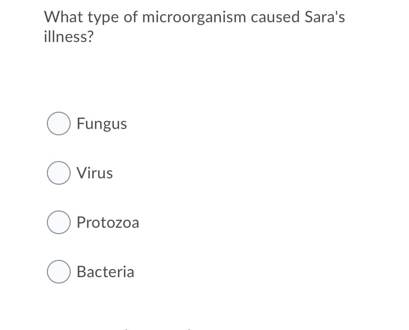 What type of microorganism caused Sara's
illness?
O Fungus
O Virus
O Protozoa
O Bacteria
