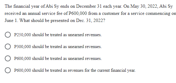 The financial year of Abi Sy ends on December 31 each year. On May 30, 2022, Abi Sy
received an annual service fee of P600,000 from a customer for a service commencing on
June 1. What should be presented on Dec. 31, 2022?
P250,000 should be treated as unearned revenues.
P300,000 should be treated as unearned revenues.
P600,000 should be treated as unearned revenues.
P600,000 should be treated as revenues for the current financial year.