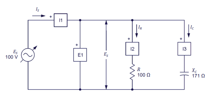 Is
+
11
|IR
Ic
12
13
Es
100 V
Es
E1
R
100 Q
Xc
171 Q
