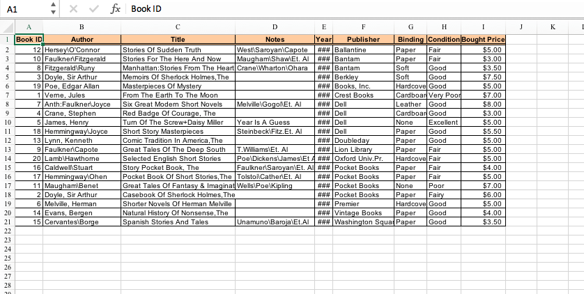: x v fx
A1
Book ID
A
B
D
E
F
G
H
I
K
Binding Condition Bought Price
Раper
Раper
1 Book ID
Year
### Ballantine
Author
Title
Notes
Publisher
12 Hersey\O'Connor
10 FaulknerFitzgerald
8 Fitzgerald\Runy
3 Doyle, Sir Arthur
19 Poe, Edgar Allan
1|Verne, Jules
7 Anth:FaulknerJoyce
4 Crane, Stephen
5 James, Henry
18 HemmingwayJoyce
13 Lynn, Kenneth
9 FaulknenCapote
20 Lamb\Hawthome
16 CaldwellStuart
17 Hemmingway\Ohen
11 Maugham\Benet
2 Doyle, Sir Arthur
6 Melville, Herman
14 Evans, Bergen
15 Cervantes\Borge
Stories Of Sudden Truth
Stories For The Here And Now
Manhattan:Stories From The Heart Crane\Wharton\Ohara
Memoirs Of Sherlock Holmes, The
Masterpieces Of Mystery
From The Earth To The Moon
Six Great Modem Short Novels
Red Badge Of Courage, The
Turn Of The Screw+Daisy Miller
Short Story Masterpieces
Comic Tradition In America, The
Great Tales Of The Deep South
Selected English Short Stories
Story Pocket Book, The
Pocket Book Of Short Stories, The TolstoiCather\Et. Al
Great Tales Of Fantasy & Imaginat Wells\Poe\Kipling
Casebook Of Sherlock Holmes, The
Shorter Novels Of Herman Melville
Natural History Of Nonsense, The
Spanish Stories And Tales
West\Saroyan\Capote
Maugham\Shaw\Et. Al ### Bantam
$5.00
$3.00
$3.50
$7.50
2
Fair
3
Fair
### Bantam
### Berkley
### Books, Inc.
###Crest Books
### Dell
### Dell
### Dell
### Dell
### Doubleday
### Lion Library
4
Soft
Good
Soft
Good
Hardcove Good
Cardboar Very Poor
Leather Good
Cardboar Good
None
|Рaper
Раper
$5.00
$7.00
$8.00
6.
7
8
Melville\GogoEt. AI
Year Is A Guess
Steinbeck\Fitz.Et. Al
$3.00
$5.00
$5.50
10
Excellent
11
Good
Good
$5.00
$5.00
12
13
T.Williams\Et. Al
Раper
Hardcove Fair
|Раper
Раper
None
Fair
Poe\Dickens\James\Et A ### Oxford Univ.Pr.
Faulkner\Saroyan\Et. Al ### Pocket Books
$5.00
$4.00
$5.00
$7.00
$6.00
$5.00
14
15
Fair
### Pocket Books
### Pocket Books
### Pocket Books
### Premier
### Vintage Books
Unamuno\Baroja\Et.AI ### Washington Squa Paper
16
Fair
17
Рoor
18
Fairy
Hardcove Good
Раper
Раper
19
$4.00
$3.50
20
Good
21
Good
22
23
24
25
26
27
28

