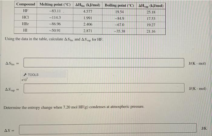 Compound Melting point ("C) AHs (kJ/mol) Boiling point ("C) AHap
(kJ/mol)
HF
-83.11
4.577
19.54
25.18
HCI
-114.3
1.991
-84.9
17.53
HBr
-86.96
2.406
-67.0
19.27
HI
-50.91
2.871
-35.38
21.16
Using the data in the table, calculate A.Sus and A.Svap for HF.
ASt =
J/(K - mol)
+ TOOLS
X10
ASvup =
J/(K mol)
Determine the entropy change when 7.20 mol HF(g) condenses at atmospheric pressure.
J/K
AS =
