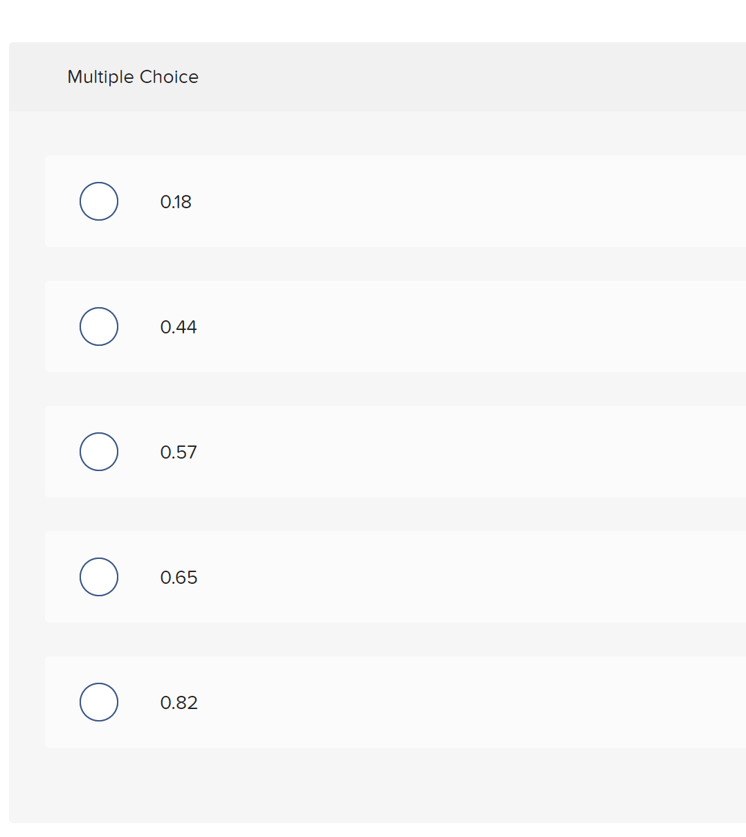 Multiple Choice
O
O
O
0.18
0.44
0.57
0.65
0.82