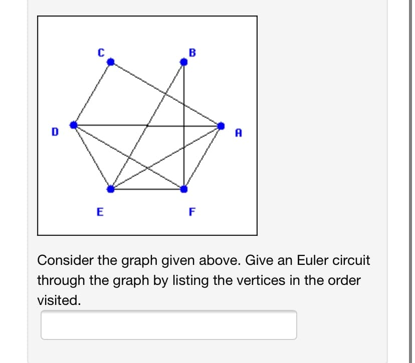 B
D
A
E
F
Consider the graph given above. Give an Euler circuit
through the graph by listing the vertices in the order
visited.
