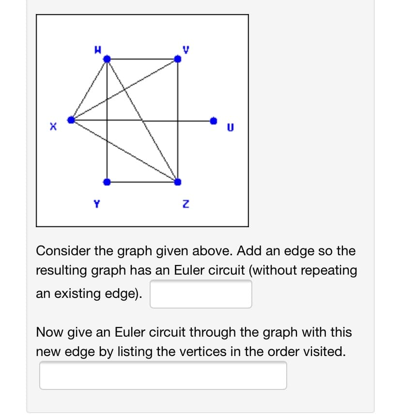Y
Consider the graph given above. Add an edge so the
resulting graph has an Euler circuit (without repeating
an existing edge).
Now give an Euler circuit through the graph with this
new edge by listing the vertices in the order visited.
