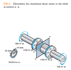 FI0-5. Determine the maximum shear stress in the shaft
at section a-a.
G00 N-m
-30 mm
1500 N-m
40 mm
1500 N-B
Section a-a
G00 N-m
