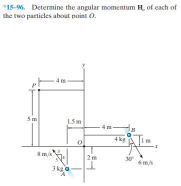 *15-96. Determine the angular momentum H, of each of
the two particles about point O.
4 m
5m
1.5 m
AB
4 m.
4 kg Alim
8 m/s
30°
6 m/s
2 m
3 kg o
