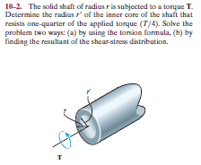 10-2. The solid shaft of radius r is subjected to a torque T.
Determine the radius r' af the inner core of the shaft that
resists one-quarter of the applied torque (T/4). Solve the
problem two ways: (a) by using the tarsion formula, (b) by
finding the resultant of the shear-stress distribution.
т
