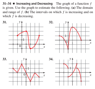 31-34 - Increasing and Decreasing The graph of a function f
is given. Use the graph to estimate the following. (a) The domain
and range of f. (b) The intervals on which f is increasing and on
which f is decreasing.
31.
y4
32.
33.
34.
