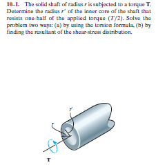 10-1. The solid shaft of radius r is subjected to a torque T.
Determine the radius r' of the inner core of the shaft that
resists one-half of the applied torque (T/2). Solve the
problem two ways: (a) by using the torsion formula, (b) by
finding the resultant of the shear-stress distribution.
