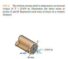 FI0-2 The hollow circular shaft is subjected to an internal
torque of T = 10KN-m. Determine the shear stress at
points A and B. Represent cach state of stress on a volume
element.
10 kN-m
40 min
