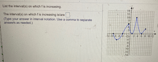 List the interval(s) on which f is increasing.
14-
12-
The interval(s) on which f is increasing is/are
(Type your answer in interval notation. Use a comma to separate
answers as needed.)
101
12.10 2
10.12
