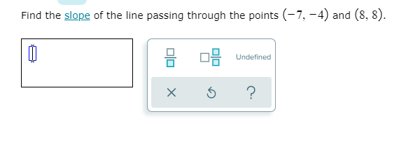 Find the slope of the line passing through the points (-7, –4) and (8, 8).
Undefined
