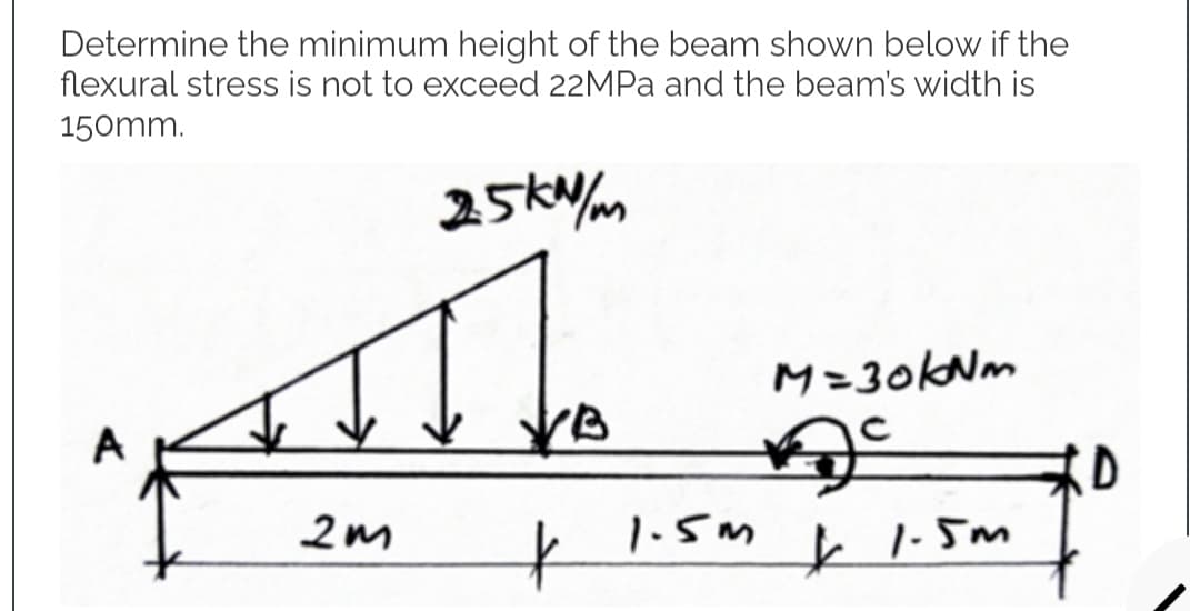 Determine the minimum height of the beam shown below if the
flexural stress is not to exceed 22MPa and the beam's width is
150mm.
25kN/m
all
2m
t
1.5m
M=30kNm
x 1.5m
D