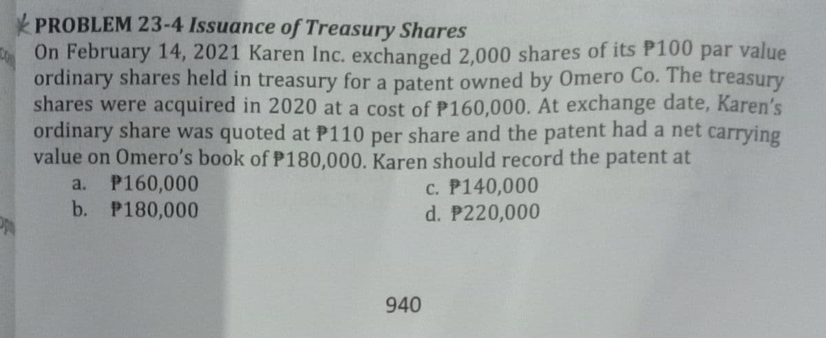 op
PROBLEM 23-4 Issuance of Treasury Shares
On February 14, 2021 Karen Inc. exchanged 2,000 shares of its P100 par value
ordinary shares held in treasury for a patent owned by Omero Co. The treasury
shares were acquired in 2020 at a cost of P160,000. At exchange date, Karen's
ordinary share was quoted at P110 per share and the patent had a net carrying
value on Omero's book of P180,000. Karen should record the patent at
P160,000
P180,000
a.
b.
940
c. P140,000
d. P220,000