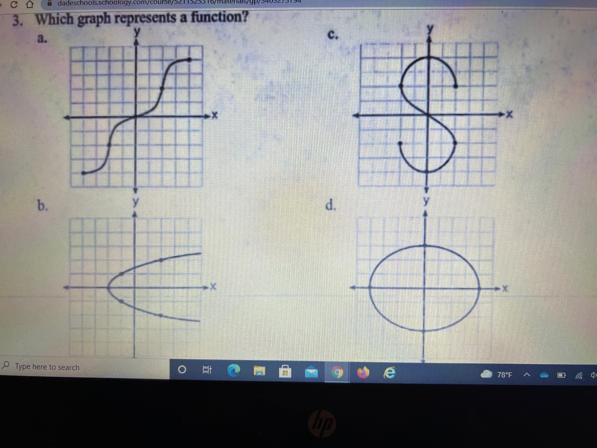 A dadeschools.schoology.com/course/52115253 16/mater
3. Which graph represents a function?
a.
c.
b.
y
P Type here to search
78°F
