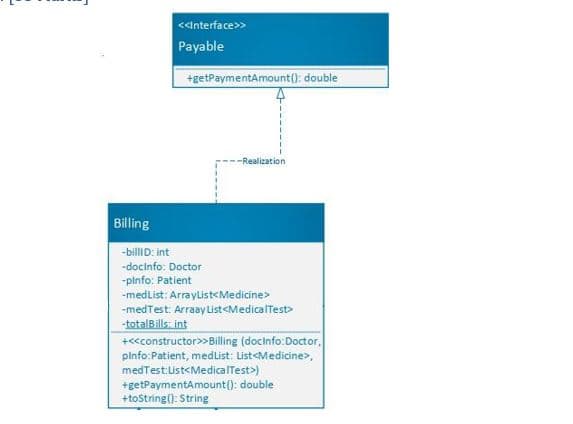 <anterface>>
Payable
+getPaymentAmount(): double
--Realization
Billing
-billiD: int
-docinfo: Doctor
-plnfo: Patient
-medList: Arraylist<Medicine>
-medTest. Arraay List<MedicalTest
-totalBills int
+<<constructor>>Blling (docinfo:Doctor,
plnfo:Patient, medlist: List<Medicine>,
medTest:ist<MedicalTest>)
+getPaymentAmount(): double
+tostring(): String
