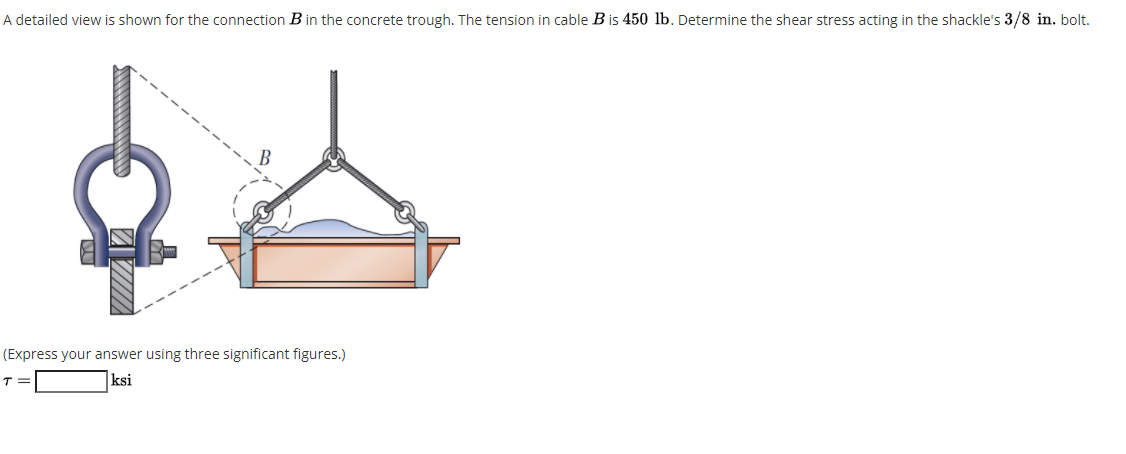 A detailed view is shown for the connection B in the concrete trough. The tension in cable B is 450 lb. Determine the shear stress acting in the shackle's 3/8 in. bolt.
(Express your answer using three significant figures.)
T =
ksi
