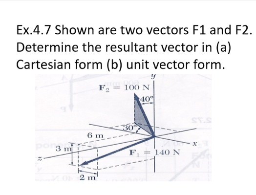Ex.4.7 Shown are two vectors F1 and F
Determine the resultant vector in (a)
Cartesian form (b) unit vector form.
F2
100 N
40
ST.S
30
6 m
po
3 m
F = 140 N
2 m
