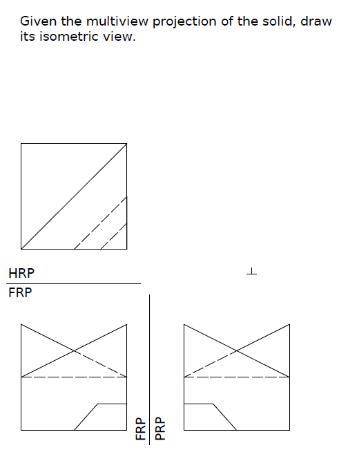 Given the multiview projection of the solid, draw
its isometric view.
HRP
FRP
FRP
PRP
ㅏ