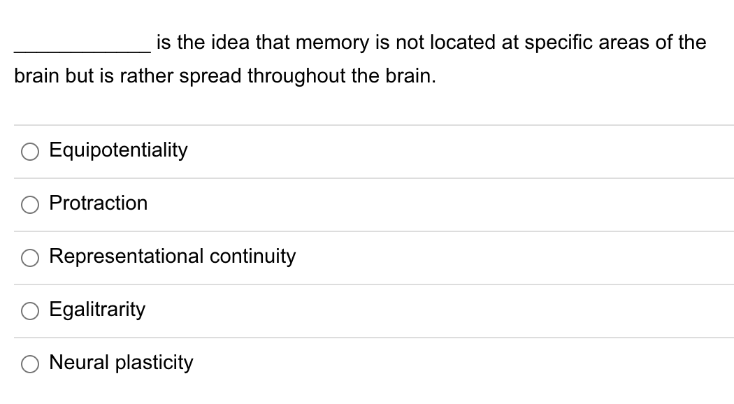 is the idea that memory is not located at specific areas of the
brain but is rather spread throughout the brain.
Equipotentiality
Protraction
Representational continuity
Egalitrarity
Neural plasticity
