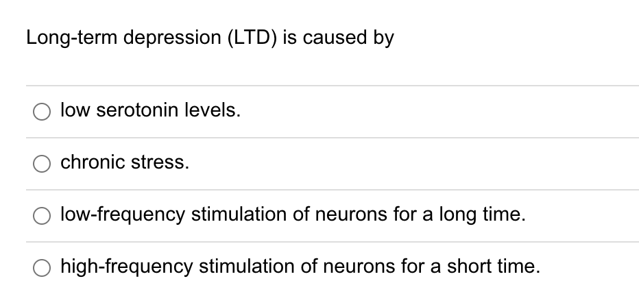Long-term depression (LTD) is caused by
low serotonin levels.
chronic stress.
O low-frequency stimulation of neurons for a long time.
O high-frequency stimulation of neurons for a short time.
