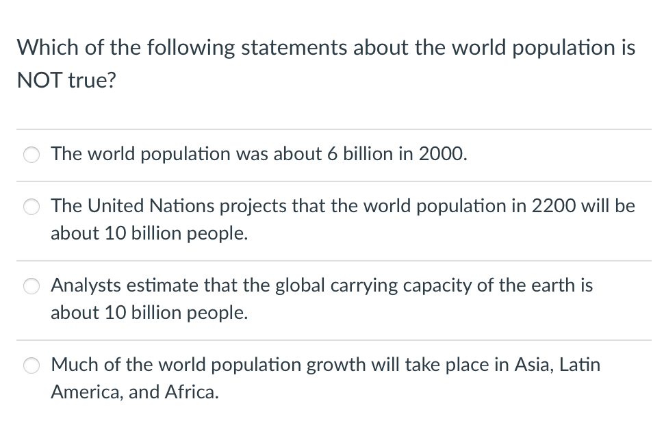 Which of the following statements about the world population is
NOT true?
The world population was about 6 billion in 2000.
The United Nations projects that the world population in 2200 will be
about 10 billion people.
Analysts estimate that the global carrying capacity of the earth is
about 10 billion people.
Much of the world population growth will take place in Asia, Latin
America, and Africa.
