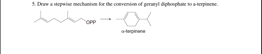 5. Draw a stepwise mechanism for the conversion of geranyl diphosphate to a-terpinene.
OPP
a-terpinene
