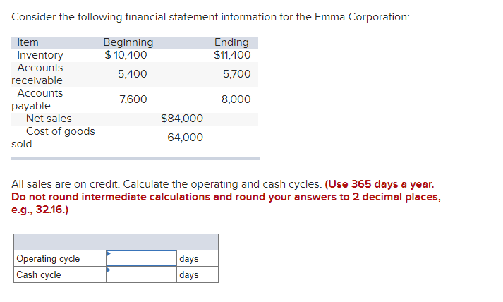 Consider the following financial statement information for the Emma Corporation:
Item
Beginning
$ 10,400
Ending
$11,400
Inventory
Accounts
5,400
5,700
receivable
Accounts
7,600
8,000
payable
Net sales
$84,000
Cost of goods
sold
64,000
All sales are on credit. Calculate the operating and cash cycles. (Use 365 days a year.
Do not round intermediate calculations and round your answers to 2 decimal places,
e.g., 32.16.)
Operating cycle
Cash cycle
days
days

