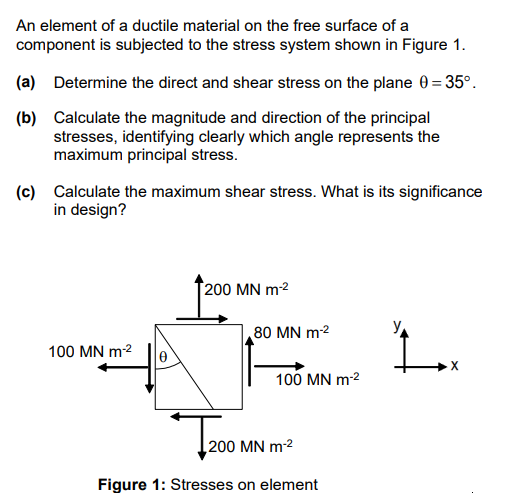 An element of a ductile material on the free surface of a
component is subjected to the stress system shown in Figure 1.
(a) Determine the direct and shear stress on the plane 0 = 35⁰.
(b)
Calculate the magnitude and direction of the principal
stresses, identifying clearly which angle represents the
maximum principal stress.
(c) Calculate the maximum shear stress. What is its significance
in design?
100 MN m-²
0
200 MN m-²
80 MN m-²
100 MN m-²
T200
Figure 1: Stresses on element
200 MN m-²
1..
1x
X