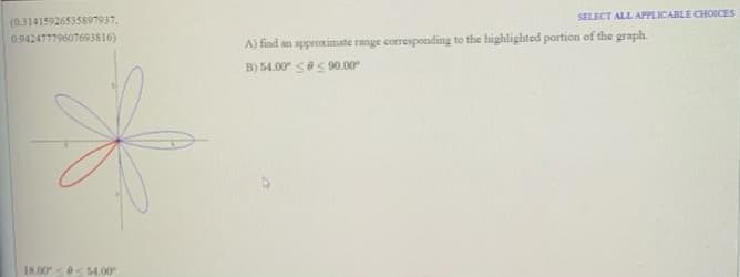 SELECT ALL APPLICABLE CHOICES
(0.31415926535897937,
0.94247779607693816)
A) find an approximate range corresponding to the highlighted portion of the graph.
B) 54.00 <0S 90.00
18.00<0<5.00
