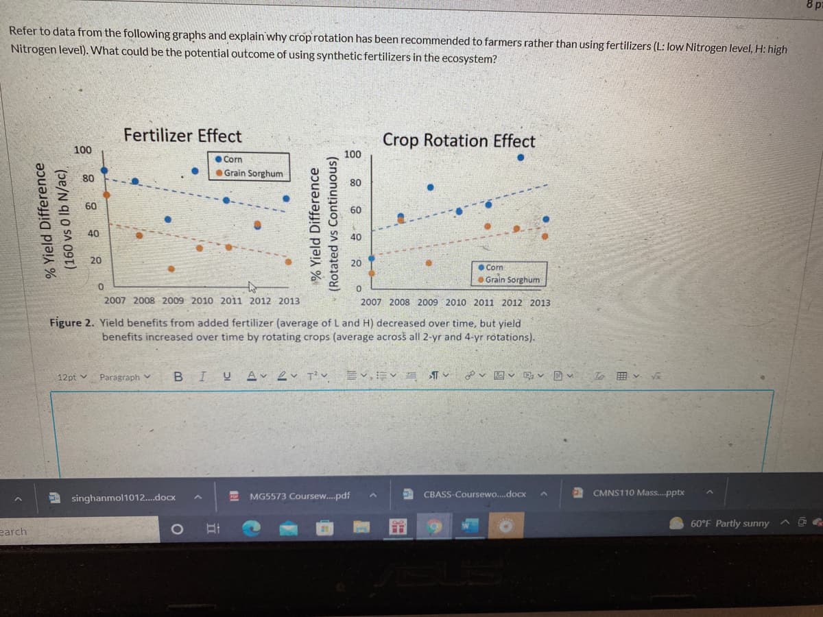 8 р
Refer to data from the following graphs and explain why crop rotation has been recommended to farmers rather than using fertilizers (L: low Nitrogen level, H: high
Nitrogen level). What could be the potential outcome of using synthetic fertilizers in the ecosystem?
Fertilizer Effect
Crop Rotation Effect
100
100
• Corn
Grain Sorghum
80
80
60
60
40
20
20
• Corn
Grain Sorghum
2007 2008 2009 2010 2011 2012 2013
2007 2008 2009 2010 2011 2012 2013
Figure 2. Yield benefits from added fertilizer (average of L and H) decreased over time, but yield
benefits increased over time by rotating crops (average across all 2-yr and 4-yr rötations).
12pt v
Paragraph v
B IU Av ev T? v
A singhanmol1012.docx
MG5573 Coursew..pdf
CBASS-Coursewo..docx
CMNS110 Mass.pptx
60°F Partly sunny
earch
% Yield Difference
(160 vs 0 lb N/ac)
% Yield Difference
(Rotated vs Continuous)
