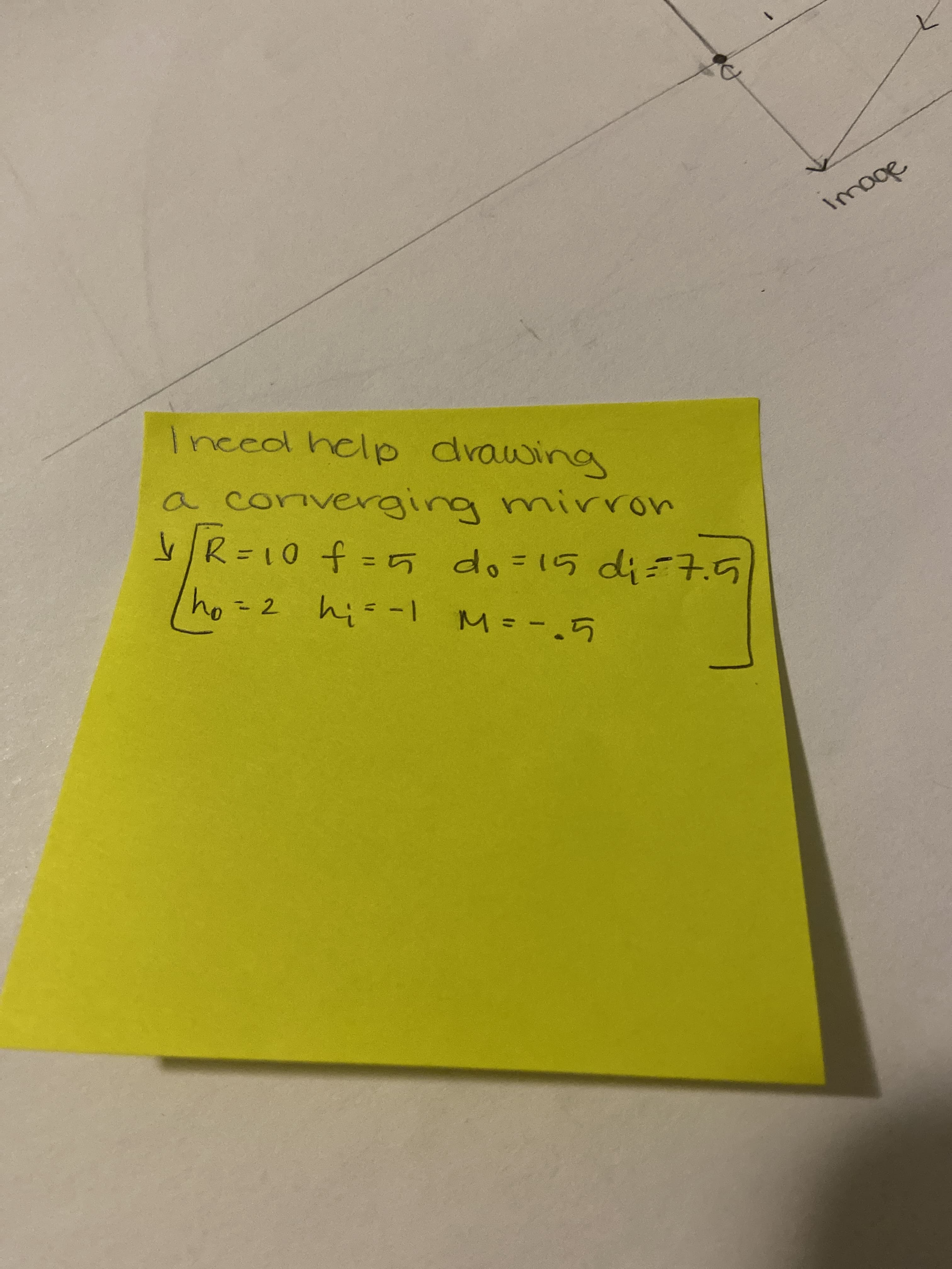 Inced help drawing
a converging mirron
/R=10f%3D5 do=15 di=7.5
R=10
ho=
- 2
his-l M= -.5
%3D
