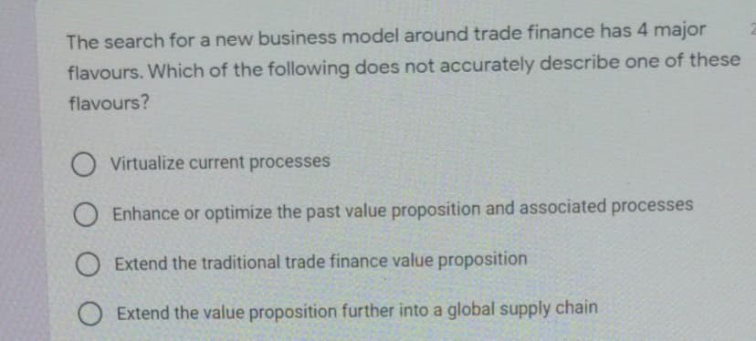 The search for a new business model around trade finance has 4 major
flavours. Which of the following does not accurately describe one of these
flavours?
O Virtualize current processes
O Enhance or optimize the past value proposition and associated processes
Extend the traditional trade finance value proposition
O Extend the value proposition further into a global supply chain
