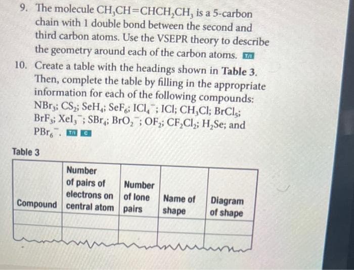9. The molecule CH,CH=CHCH,CH, is a 5-carbon
chain with 1 double bond between the second and
third carbon atoms. Use the VSEPR theory to describe
the geometry around each of the carbon atoms.
10. Create a table with the headings shown in Table 3.
Then, complete the table by filling in the appropriate
information for each of the following compounds:
NBR3; CS; SeH,; SeF; ICI,; ICI; CH,Cl; BrCl,;
BrF3; Xel,; SBr; BrO,; OF,; CF,Cl,; H,Se; and
PBr. O
Table 3
Number
of pairs of
electrons on
Compound central atom pairs
Number
of lone
Name of
Diagram
of shape
shape
