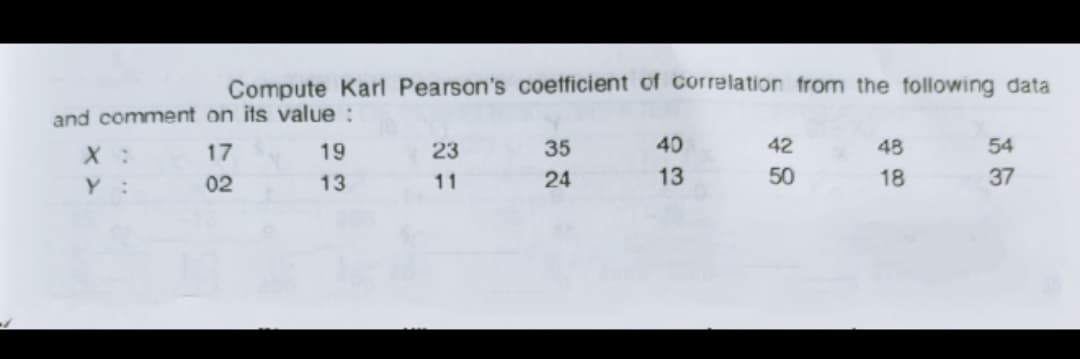 Compute Karl Pearson's coefficient of correlation from the following data
and comment on its value :
17
19
23
35
40
42
48
54
Y :
02
13
11
24
13
50
18
37
