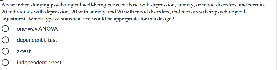 A researcher studying psychological well-being between those with depression, anxiety, or mood disorders and recruits
20 individuals with depression, 20 with anxiety, and 20 with mood disorders, and measures their psychological
adjustment. Which type of statistical test would be appropriate for this design?
one-way ANOVA
dependent t-test
z-test
independent t-test
