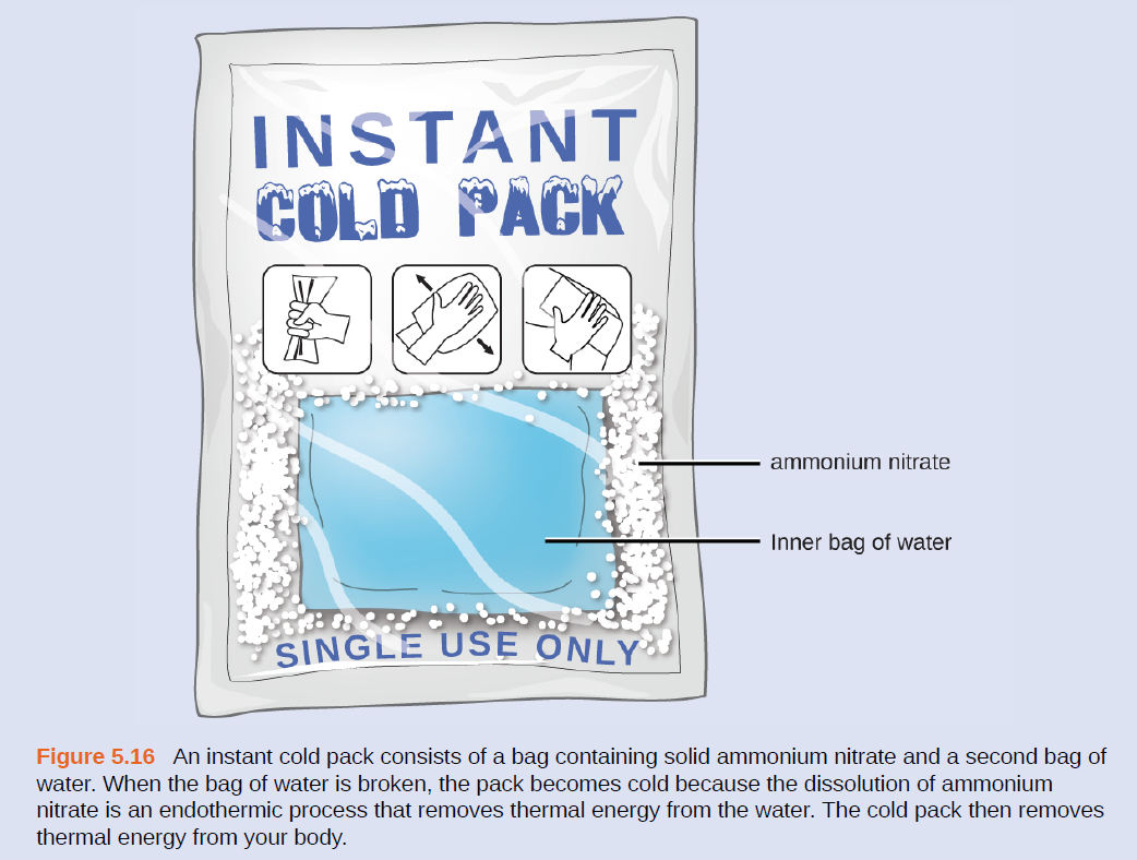 INSTANT
COLD PACK
ammonium nitrate
Inner bag of water
SINGLE US E ONLY
Figure 5.16 An instant cold pack consists of a bag containing solid ammonium nitrate and a second bag of
water. When the bag of water is broken, the pack becomes cold because the dissolution of ammonium
nitrate is an endothermic process that removes thermal energy from the water. The cold pack then removes
thermal energy from your body.
