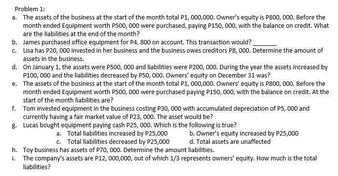Problem 1:
a. The assets of the business at the start of the month total P1, 000,000. Owner's equity is P800, 000. Before the
month ended Equipment worth P500, 000 were purchased, paying P150, 000, with the balance on credit. What
are the liabilities at the end of the month?
b. James purchased office equipment for P4, 800 on account. This transaction would?
Lisa has P20, 000 invested in her business and the business owes creditors P8, 000. Determine the amount of
assets in the business.
C.
d. On January 1, the assets were P500, 000 and liabilities were P200, 000. During the year the assets increased by
P100, 000 and the liabilities decreased by P50, 000. Owners' equity on December 31 was?
e. The assets of the business at the start of the month total P1, 000,000. Owners' equity is P800, 000. Before the
month ended Equipment worth P500, 000 were purchased paying P150, 000, with the balance on credit. At the
start of the month liabilities are?
f. Tom invested equipment in the business costing P30, 000 with accumulated depreciation of P5, 000 and
currently having a fair market value of P23, 000. The asset would be?
g. Lucas bought equipment paying cash P25, 000. Which is the following is true?
a. Total liabilities increased by P25,000
c. Total liabilities decreased by P25,000
b. Owner's equity increased by P25,000
d. Total assets are unaffected
h. Toy business has assets of P70, 000. Determine the amount liabilities.
i. The company's assets are P12, 000,000, out of which 1/3 represents owners' equity. How much is the total
liabilities?
