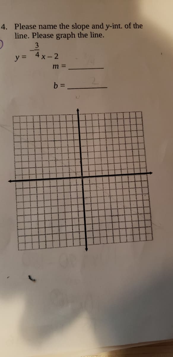 4. Please name the slope and y-int. of the
line. Please graph the line.
3
y = 4x-2
m =
b =
