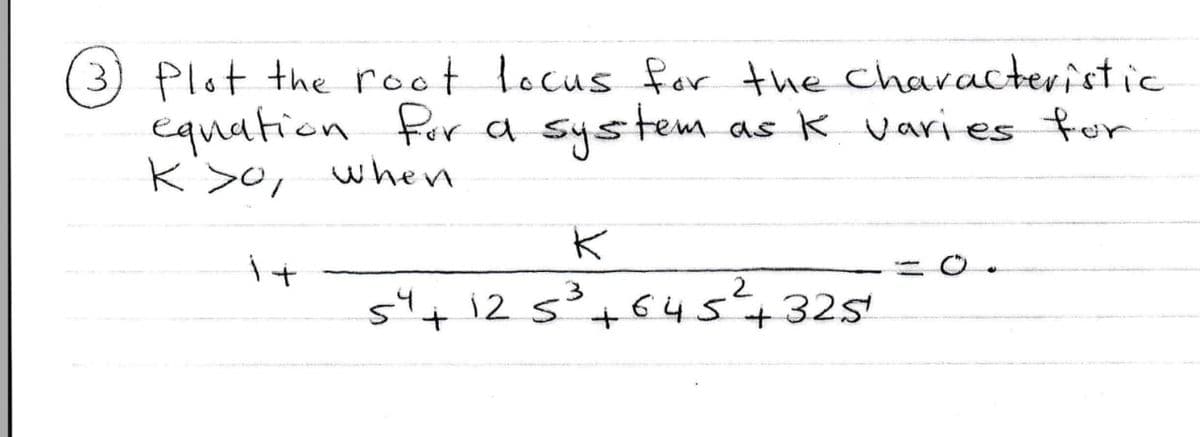 3) Plot the root locus far the characteristic
equation
for a system
as K varies for
k so,
when
544
12 s³+6454+325
