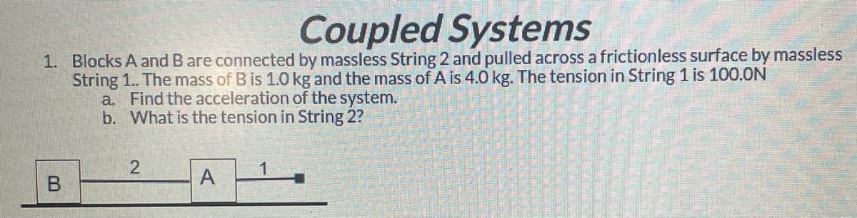 Coupled Systems
1. Blocks A and B are connected by massless String 2 and pulled across a frictionless surface by massless
String 1.. The mass of B is 1..0 kg and the mass of A is 4.0 kg. The tension in String 1 is 100.0N
a. Find the acceleration of the system.
b. What is the tension in String 2?
1
В
A
