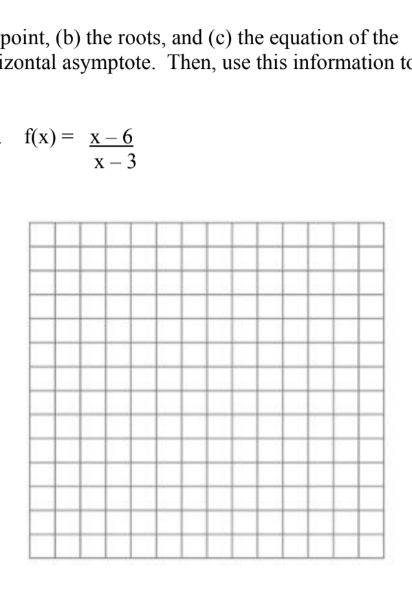 point, (b) the roots, and (c) the equation of the
izontal asymptote. Then, use this information to
f(x) —D х—6
X - 3
