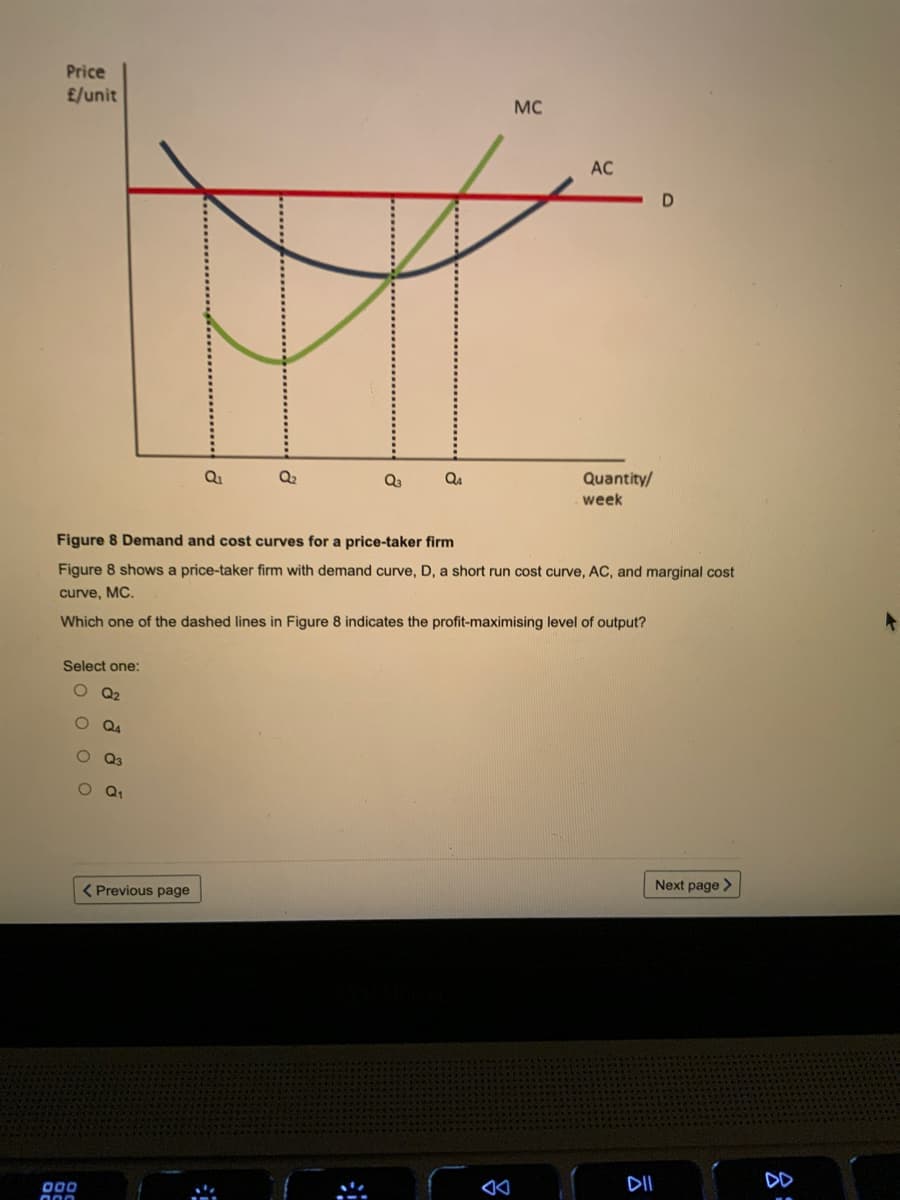 Price
£/unit
MC
AC
Q1
Q2
Q3
Q4
Quantity/
week
Figure 8 Demand and cost curves for a price-taker firm
Figure 8 shows a price-taker firm with demand curve, D, a short run cost curve, AC, and marginal cost
curve, MC.
Which one of the dashed lines in Figure 8 indicates the profit-maximising level of output?
Select one:
Q2
Q3
( Previous page
Next page >
DII
DD
00
