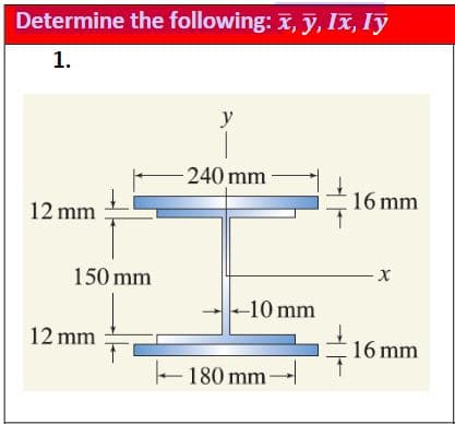 Determine the following: x, y, Ix, Iy
1.
y
-240 mm
16 mm
12 mm
150 mm
-10 mm
12 mm
16 mm
180 mm-
