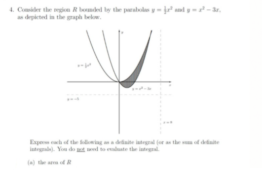 4. Consider the region R bounded by the parabolas y = įr² and y =² - 3r,
as depicted in the graph below.
Express each of the following as a definite integral (or as the sum of definite
integrals). You do not need to evaluate the integral.
(a) the area of R
