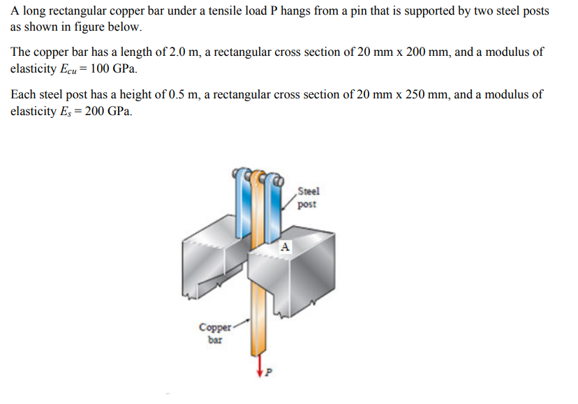 A long rectangular copper bar under a tensile load P hangs from a pin that is supported by two steel posts
as shown in figure below.
The copper bar has a length of 2.0 m, a rectangular cross section of 20 mm x 200 mm, and a modulus of
elasticity Ecu = 100 GPa.
Each steel post has a height of 0.5 m, a rectangular cross section of 20 mm x 250 mm, and a modulus of
elasticity Es = 200 GPa.
Steel
post
Copper-
bar
