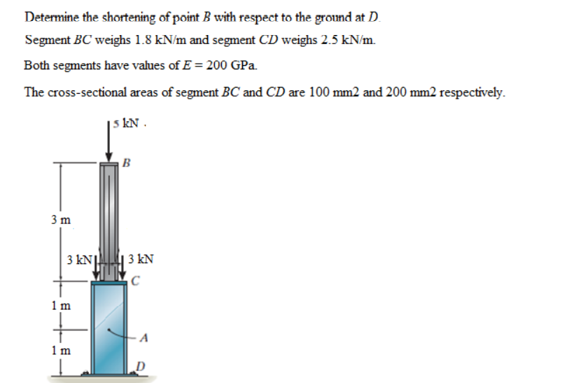 Determine the shortening of point B with respect to the ground at D.
Segment BC weighs 1.8 kN/m and segment CD weighs 2.5 kN/m.
Both segments have values of E = 200 GPa.
The cross-sectional areas of segment BC and CD are 100 mm2 and 200 mm2 respectively.
| 5 kN .
B
3 m
3 kN||
3 kN
1 m
1m
