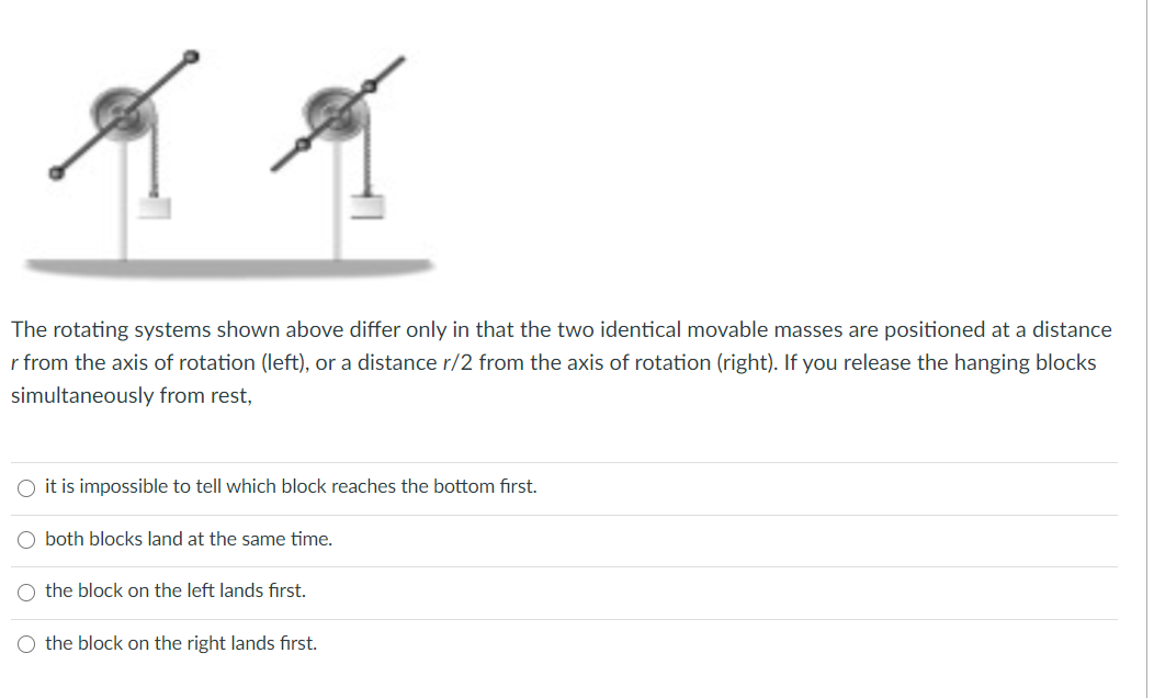 The rotating systems shown above differ only in that the two identical movable masses are positioned at a distance
r from the axis of rotation (left), or a distance r/2 from the axis of rotation (right). If you release the hanging blocks
simultaneously from rest,
O it is impossible to tell which block reaches the bottom fırst.
both blocks land at the same time.
the block on the left lands first.
O the block on the right lands fırst.
