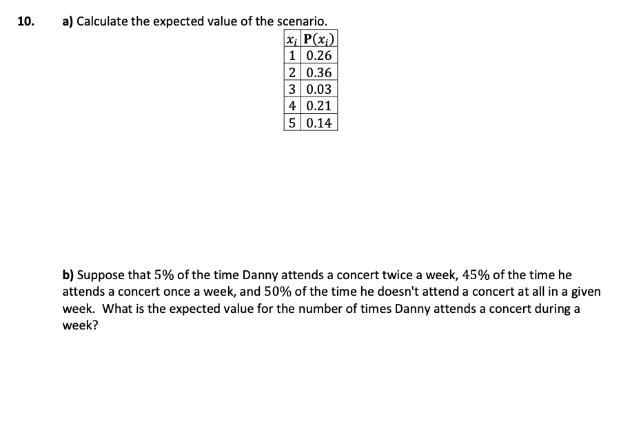 10.
a) Calculate the expected value of the scenario.
X; P(x;)
1 0.26
2 0.36
3 0.03
4 0.21
5 0.14
b) Suppose that 5% of the time Danny attends a concert twice a week, 45% of the time he
attends a concert once a week, and 50% of the time he doesn't attend a concert at all in a given
week. What is the expected value for the number of times Danny attends a concert during a
week?
